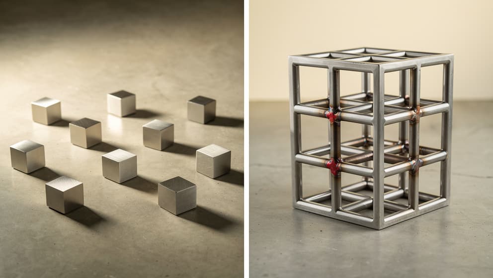 Scattered metal cubes versus the same cubes welded into an interconnected lattice, showing isolated tools versus integrated systems
