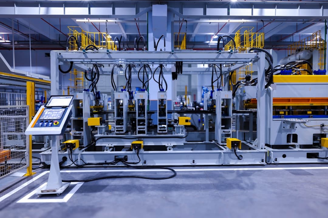 Automated factory production line, the real-world analogue of an AI content pipeline running locked stages in sequence