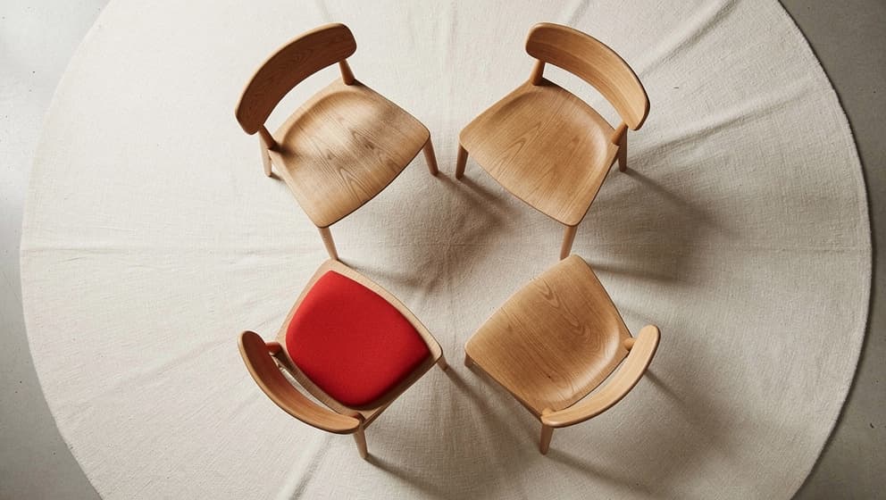 Five hand-carved wooden chairs in a tight inward-facing circle on cream linen, one empty, representing Nordic consensus buying and committee-driven B2B decisions