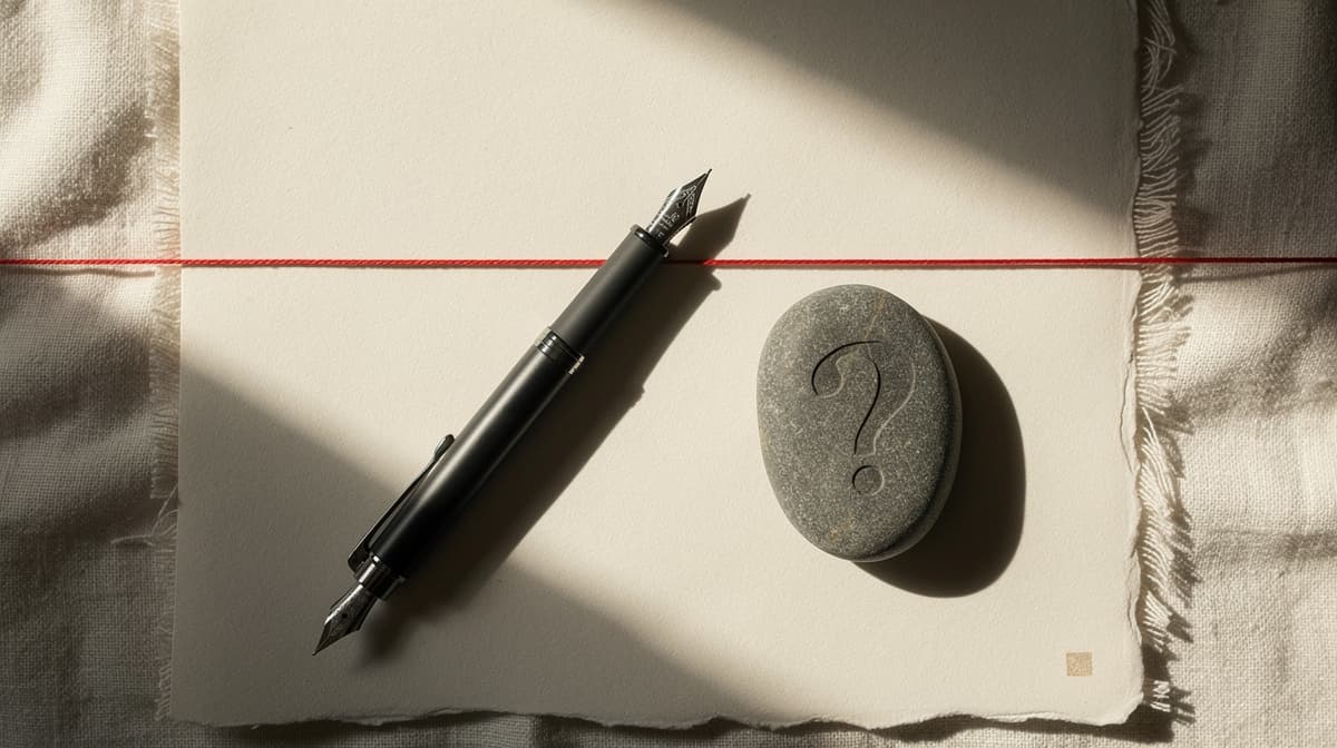 Editorial still life of a closed fountain pen across an unsigned contract next to a stone engraved with a question mark, illustrating buyer indecision and the Challenger Sales methodology in 2026