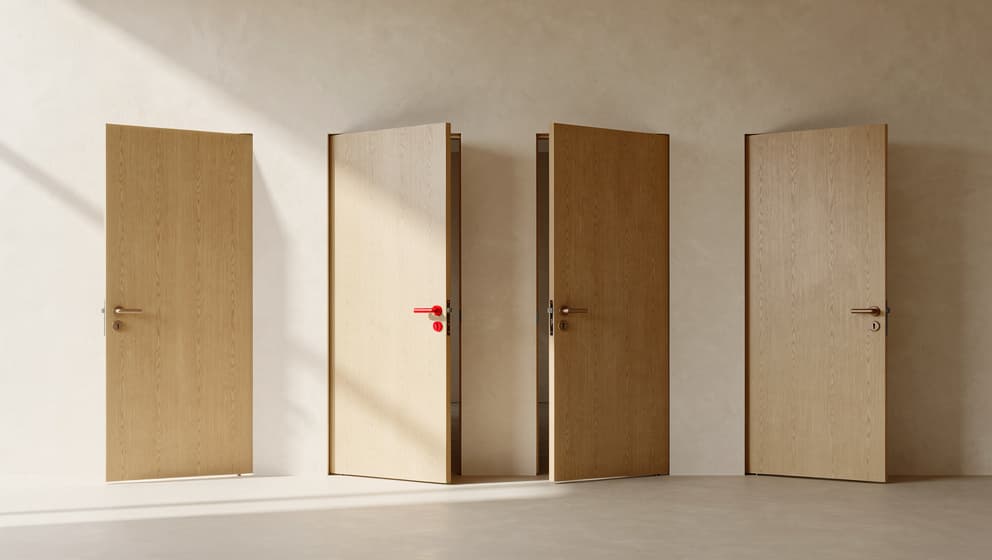 Five identical oak doors slightly ajar in a cream wall, representing option paralysis and buyer indecision in modern B2B sales