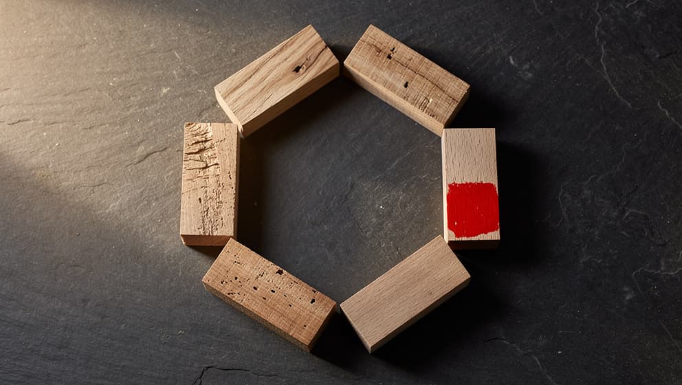 Wooden blocks arranged in a circular pattern, each more refined than the last, representing the iterative builder's loop