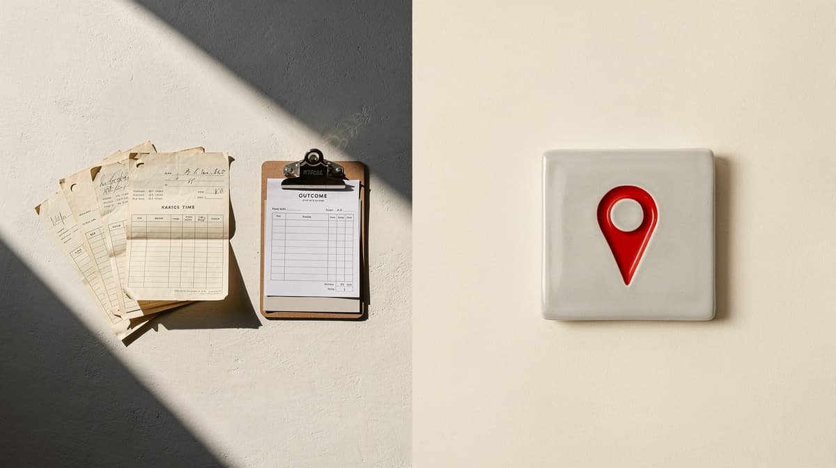 Editorial still life split between hour-log invoices and a single outcome tile, illustrating the product operating model shift in Nordic consulting