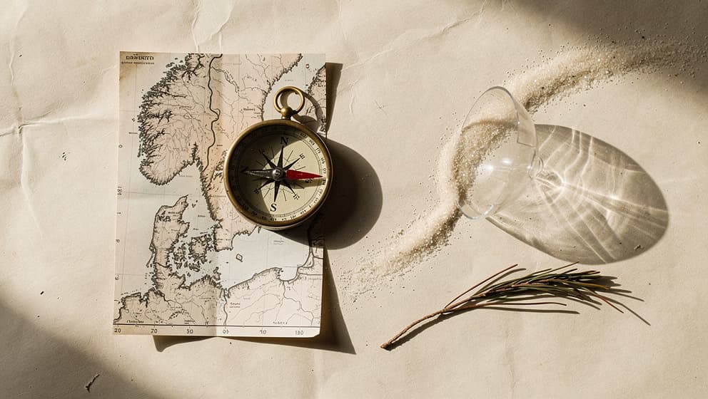 Editorial still life of a brass compass on a Nordic topographic map fragment beside a broken hourglass, representing the three pressures on Nordic consulting: AI compressing billable hours, skills gap, and demand for deeper partnerships