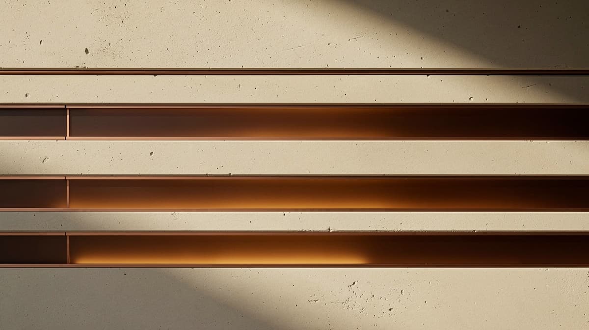 Architectural close-up of four parallel amber glass strips spaced across a cream concrete surface, representing the four quarterly intervals of a comprehensive blood panel and biomarker tracking cadence