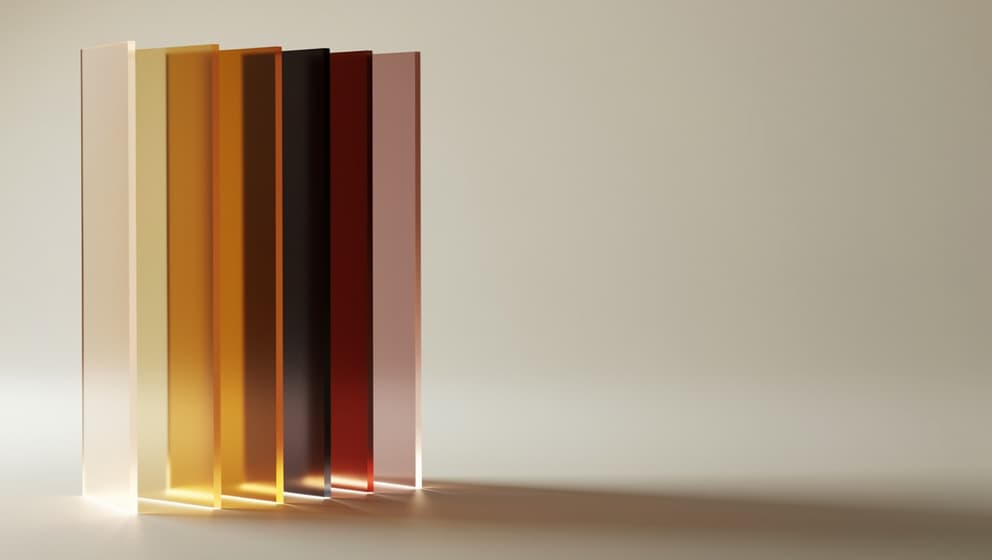Abstract architectural composition of six vertical translucent panels in warm earth tones representing the six functional systems of a comprehensive quarterly blood panel: lipid sub-panel, inflammation, metabolic, hormones, thyroid, and micronutrients