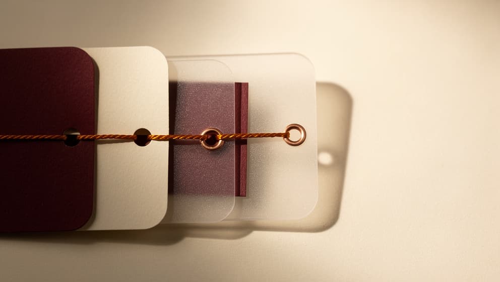 A single amber thread passing through four layered translucent paper cards, representing a 16-month quarterly blood panel cadence and the feedback loop that makes biomarker tracking compound