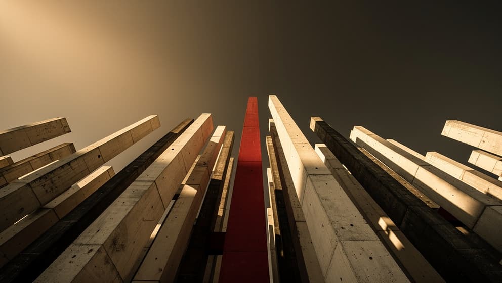Dense cluster of concrete columns with one reinforced central column in red, representing the internal academy as a consultancy's core moat